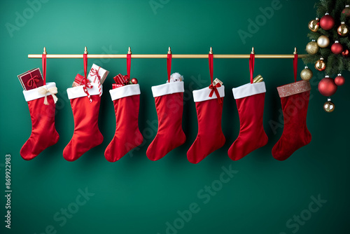 Hanging red Christmas stockings filled with gifts and presents, green background