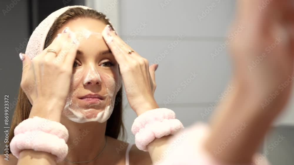 Woman applying facial cleanser to face near mirror