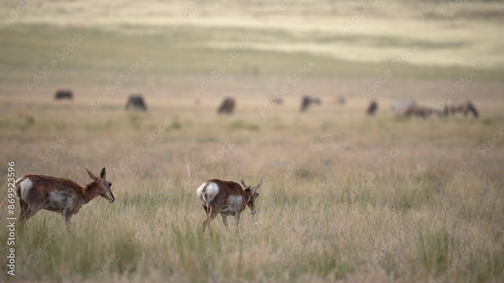 Pronghorn walking through the Utah desert with wild horses in the distance along the pony express trail. Pronghorn walking through the Utah desert with wild horses in the distance along the pony express trail.