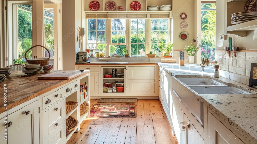 Fototapeta premium Elegant white kitchen with wooden countertops, large windows, and natural sunlight