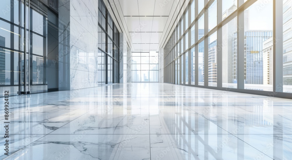 Modern empty office building hallway with large windows and city skyline view Modern empty office building hallway with large windows and city skyline view
