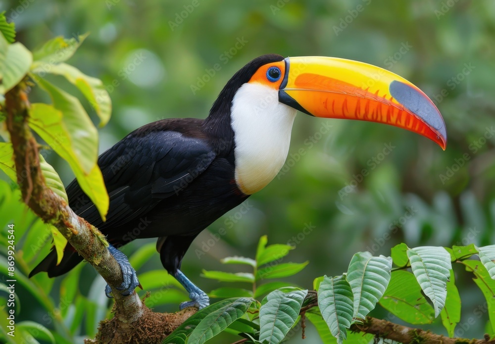 toucan perched on a branch in an open forest, with its distinctive beak shaped like a gun set against lush greenery Generative AI toucan perched on a branch in an open forest, with its distinctive beak shaped like a gun set against lush greenery Generative AI