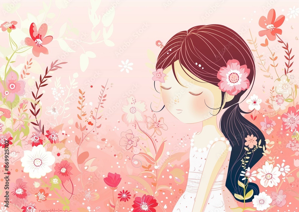 Serene Girl with Floral Background - Romantic Illustration with Blossoms Serene Girl with Floral Background - Romantic Illustration with Blossoms