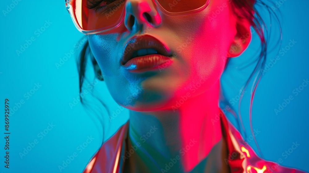 Stylish Close-Up Portrait with Neon Lighting and Shades Stylish Close-Up Portrait with Neon Lighting and Shades