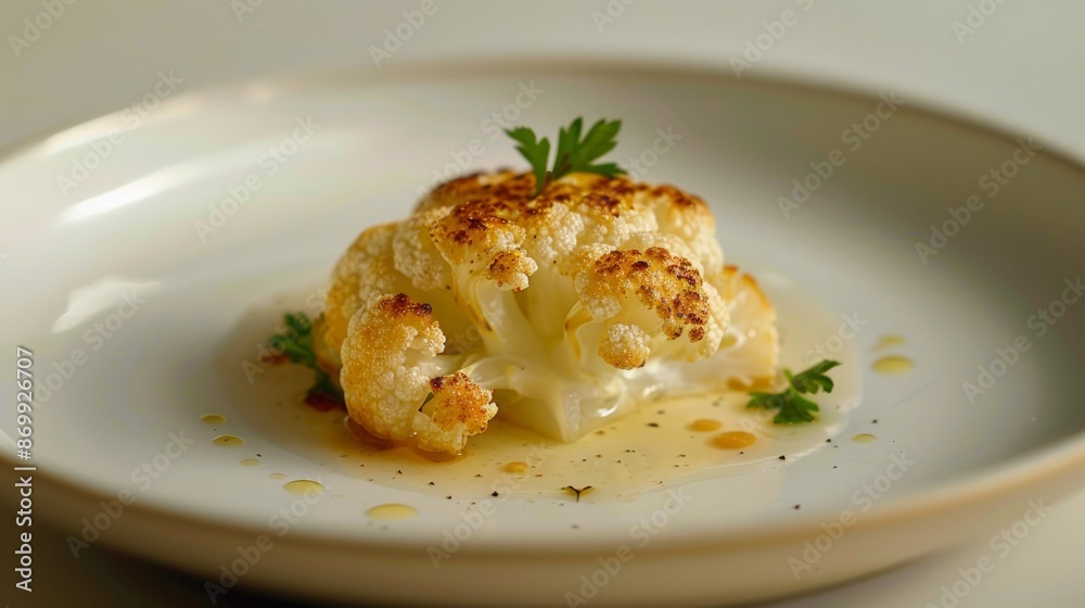 Roasted Cauliflower Floret With Parsley and Oil on White Plate Roasted Cauliflower Floret With Parsley and Oil on White Plate