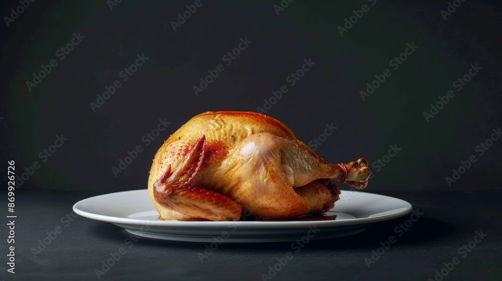 Roasted Chicken on White Plate Against Dark Background