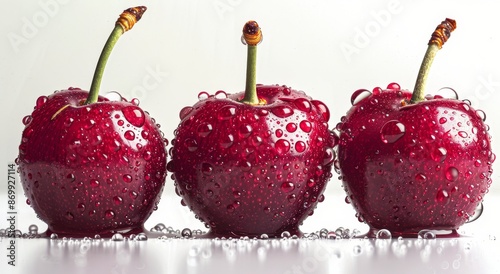 Three Red Cherries Covered in Dew Drops