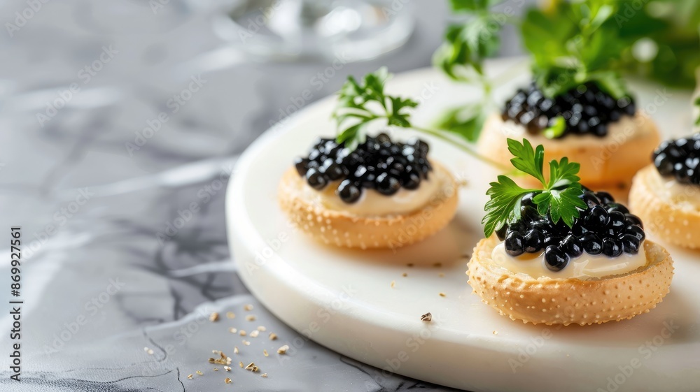 Gourmet appetizers topped with black caviar garnished green herbs on marble surface