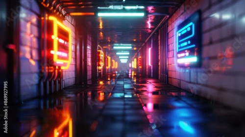 Wallpaper Mural Futuristic neon-lit urban alley with reflective wet pavement and vibrant colors, creating a cyberpunk atmosphere. Torontodigital.ca