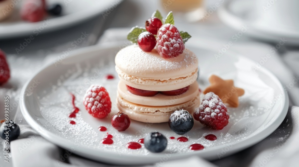 A White Macaron Dessert With Raspberries and Powdered Sugar on a White Plate A White Macaron Dessert With Raspberries and Powdered Sugar on a White Plate