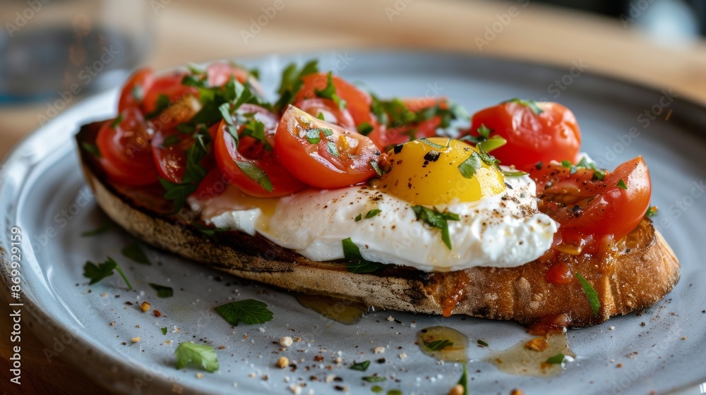 Fried Egg and Tomato Bruschetta on Toasted Bread Fried Egg and Tomato Bruschetta on Toasted Bread