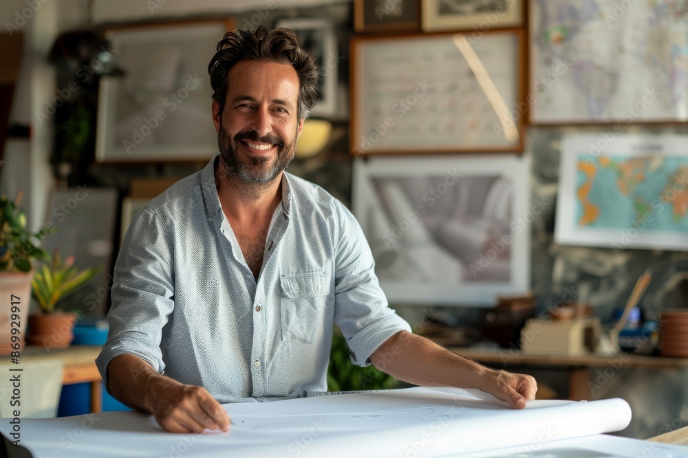 Creative male designer working with pencil on his new project. Cheerful smiling young man drawing poster on paper sitting at table in modern cozy workshop.