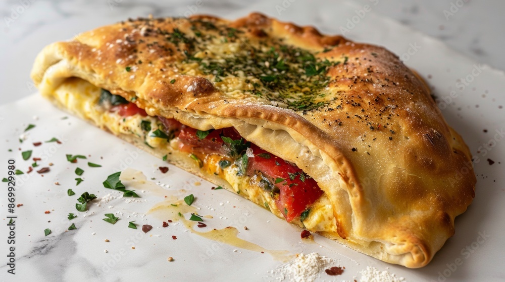 Freshly Baked Calzone With Spinach, Tomatoes, and Cheese Freshly Baked Calzone With Spinach, Tomatoes, and Cheese