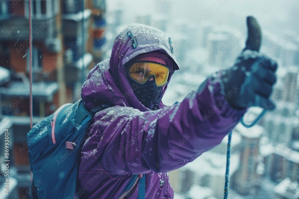 Male industrial mountaineer worker in protective uniform standing over tall city building with a thumbs up, looking at camera. Industrial climber works in any, even the most severe weather conditions. Male industrial mountaineer worker in protective uniform standing over tall city building with a thumbs up, looking at camera. Industrial climber works in any, even the most severe weather conditions.