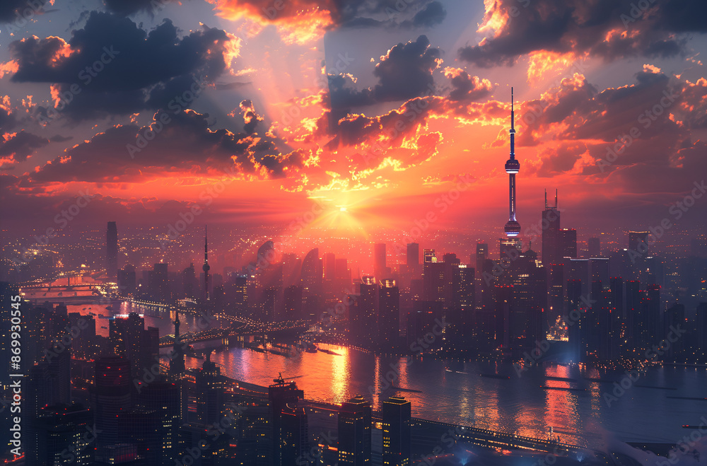 City skyline at sunset with sun setting in the background. City skyline at sunset with sun setting in the background.