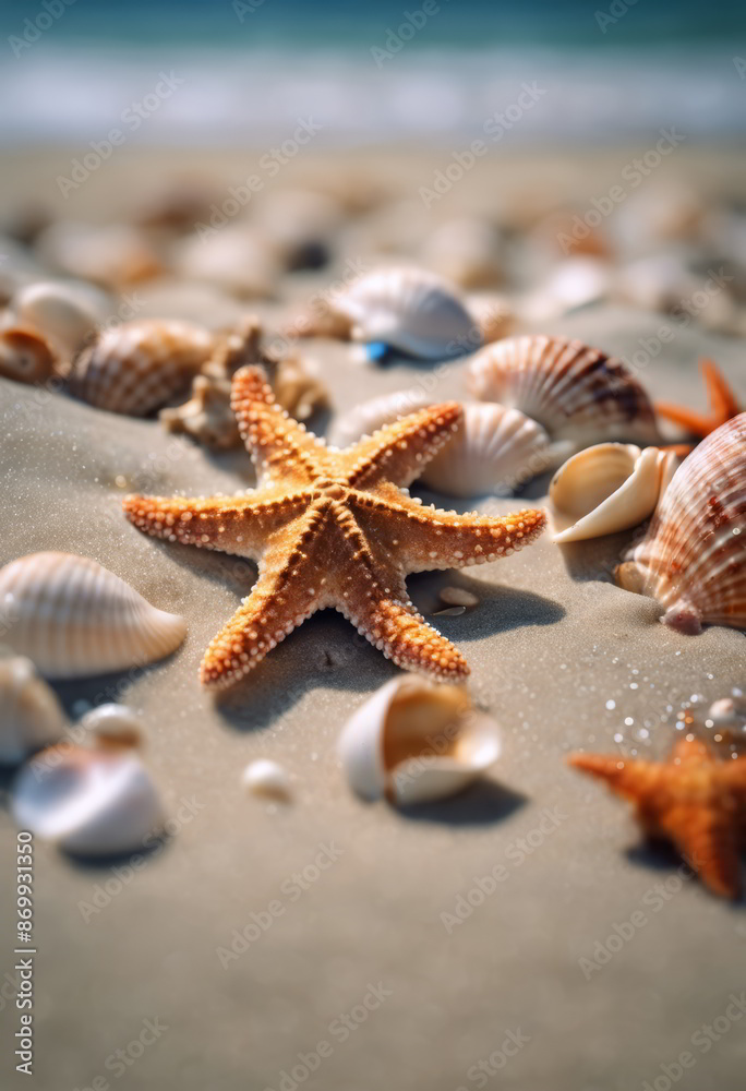 Starfish and Shells on the Beach for Summer Background Starfish and Shells on the Beach for Summer Background