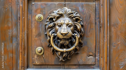 Brass lion head door knocker on wooden