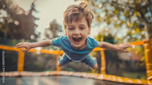 A boy bouncing on a trampoline with a huge smile © Emil