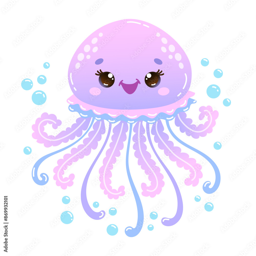 Cute cartoon jellyfish with bubbles. Vector Illustration for children's books, nursery decor and other creative projects