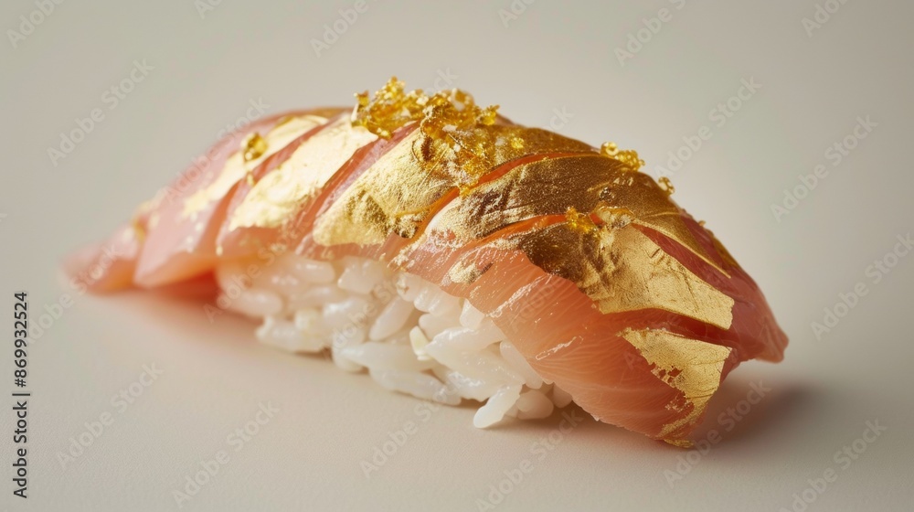 A Single Piece of Gold Leaf Sushi With Pink Fish and White Rice A Single Piece of Gold Leaf Sushi With Pink Fish and White Rice