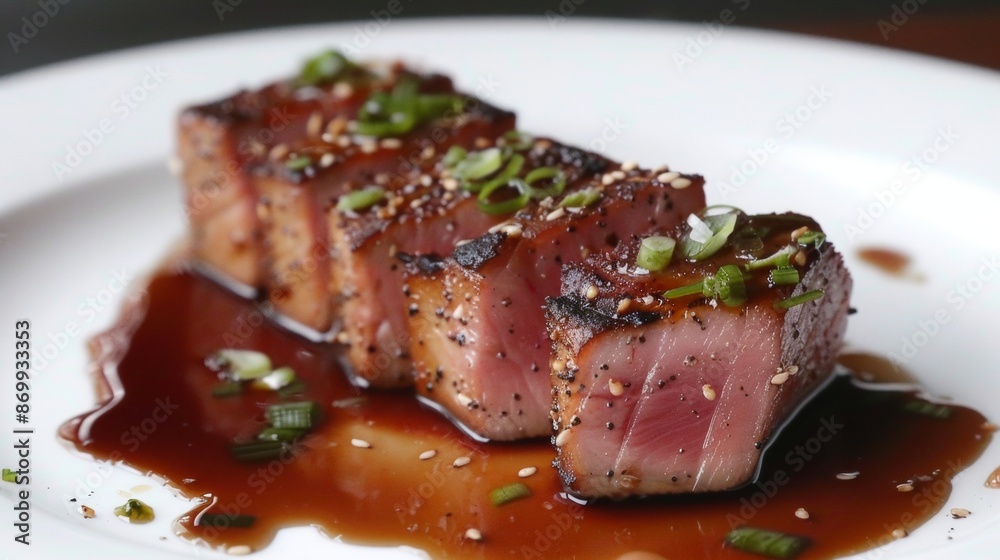 Grilled Tuna Seared Rare With Sesame Seeds and Green Onion Garnish Grilled Tuna Seared Rare With Sesame Seeds and Green Onion Garnish