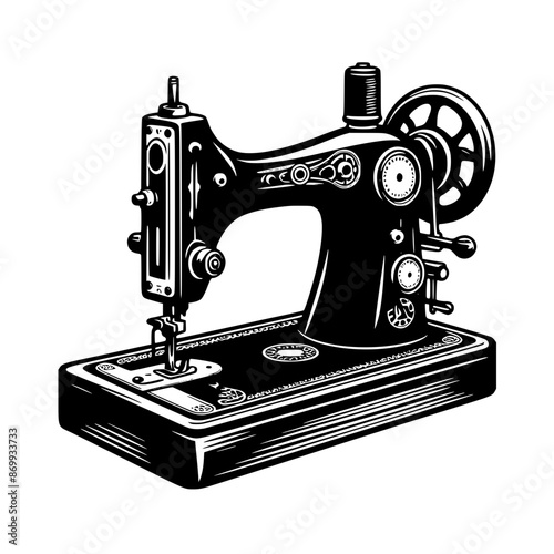 Black and white vector of old retro sewing machine