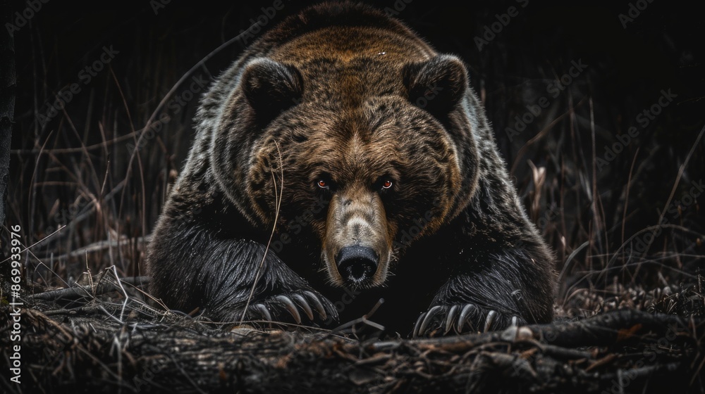 giant brown bear perched regally on the forest floor, exuding power and dominance in its domain. giant brown bear perched regally on the forest floor, exuding power and dominance in its domain.