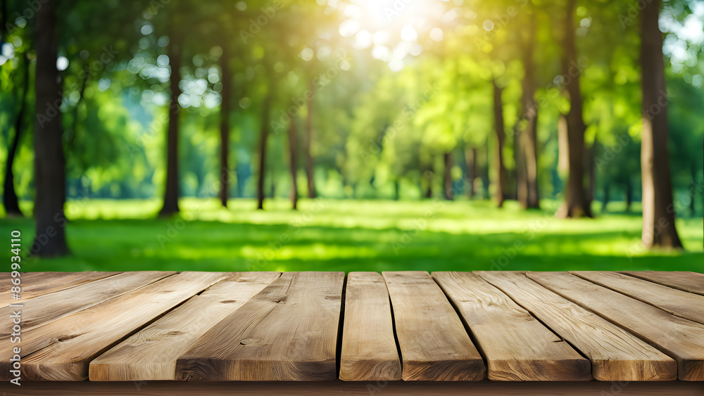 A wooden board with a view of a lush green park A wooden board with a view of a lush green park