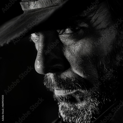 Portrait of a rugged cowboy with a stern expression, half-hidden by shadow and a wide-brimmed hat.