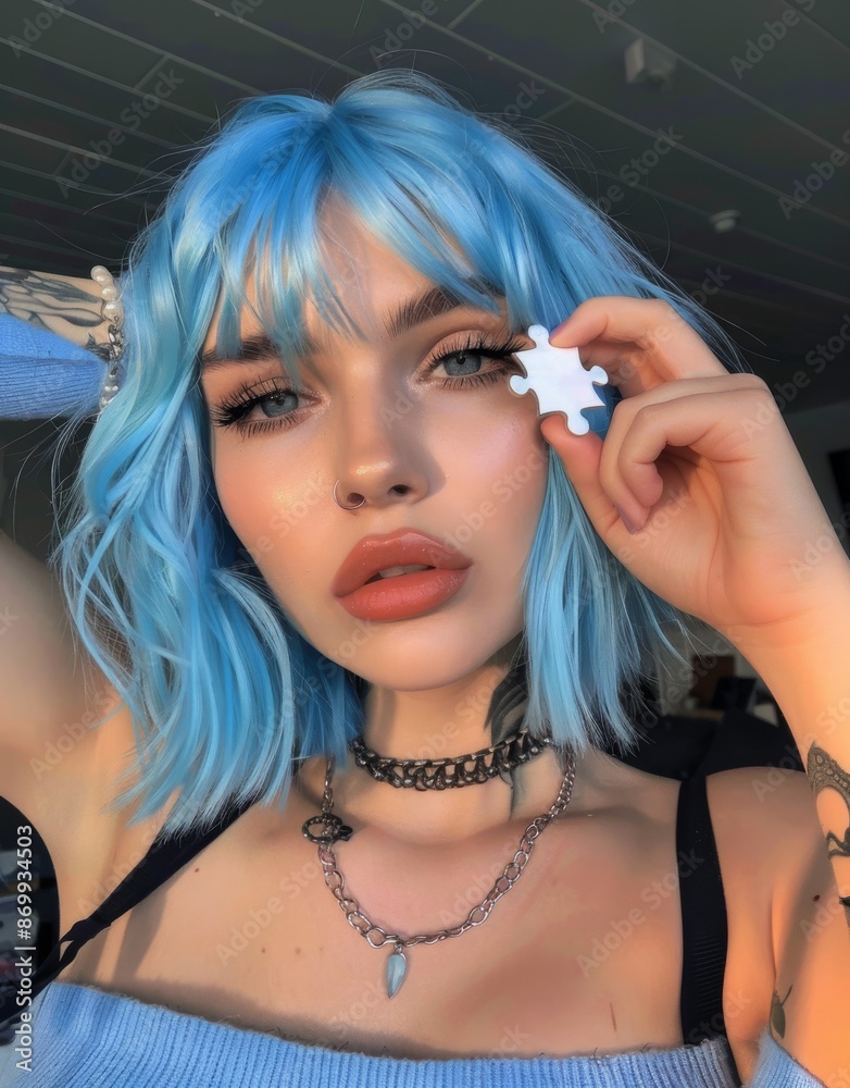 Fototapeta premium Attractive model with blue bob holding puzzle piece in trendy fashion shoot