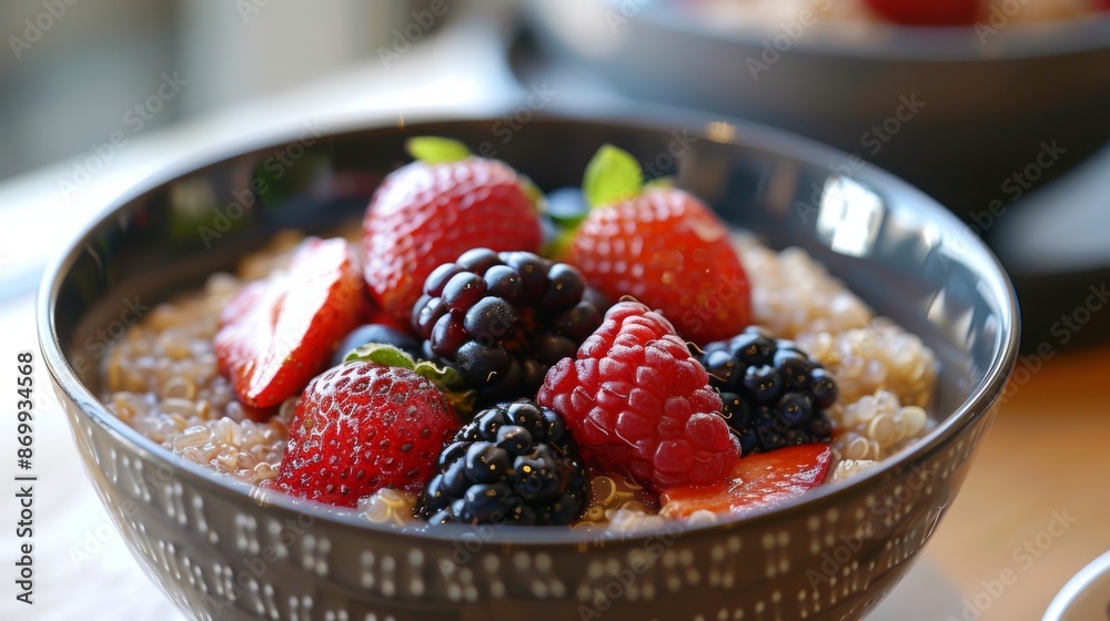 Bowl of Quinoa With Fresh Strawberries, Raspberries, and Blackberries Bowl of Quinoa With Fresh Strawberries, Raspberries, and Blackberries