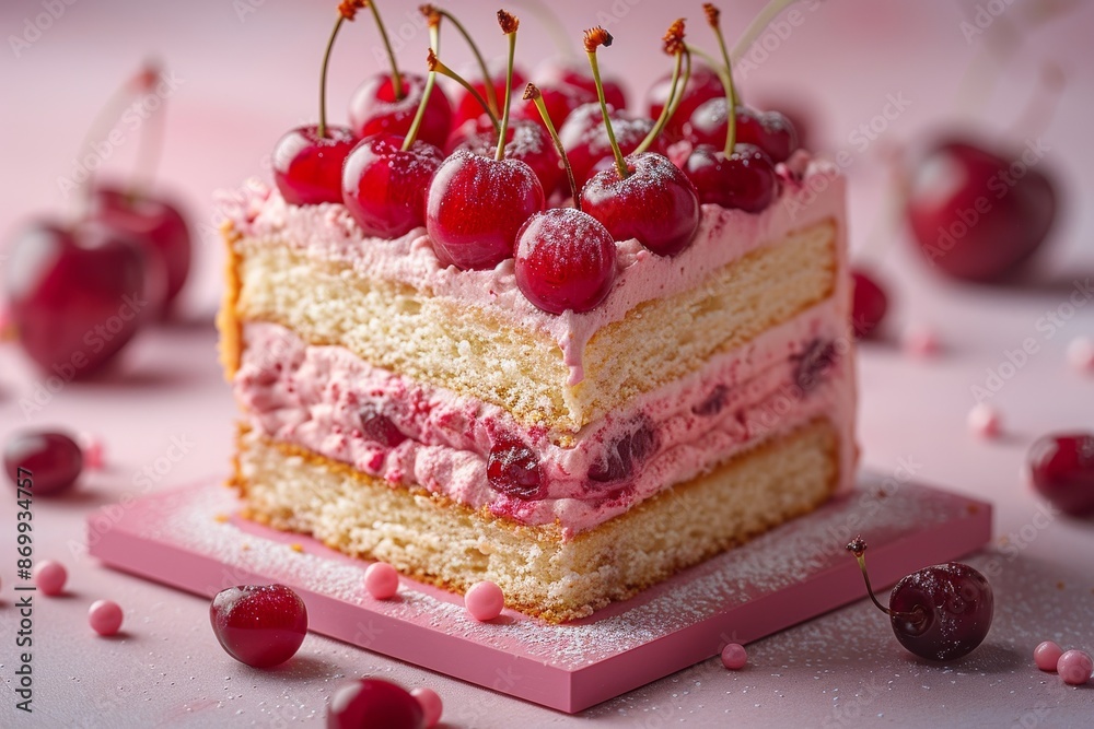 Delicious slice of cherry cake with pink cream and fresh cherries on top Delicious slice of cherry cake with pink cream and fresh cherries on top