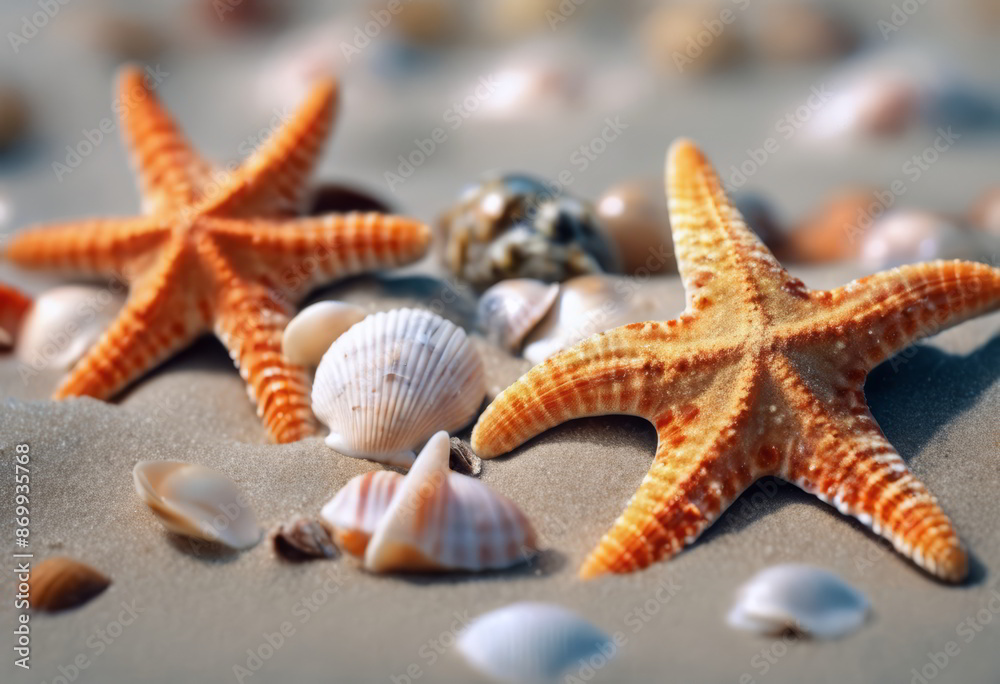 Starfish and Shells on the Beach for Summer Background Starfish and Shells on the Beach for Summer Background