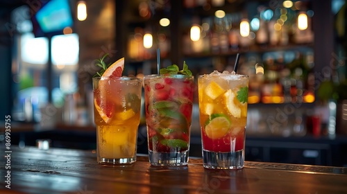 Three assorted refreshing fruit cocktails showcased on a bar counter photo