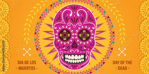 Day of the Dead, Dia de los Muertos. Colorful Mexican card, poster, banner with skull.
