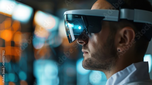 A man wearing an augmented reality headset in a futuristic tech environment, symbolizing innovation and advanced technology. © stockpro