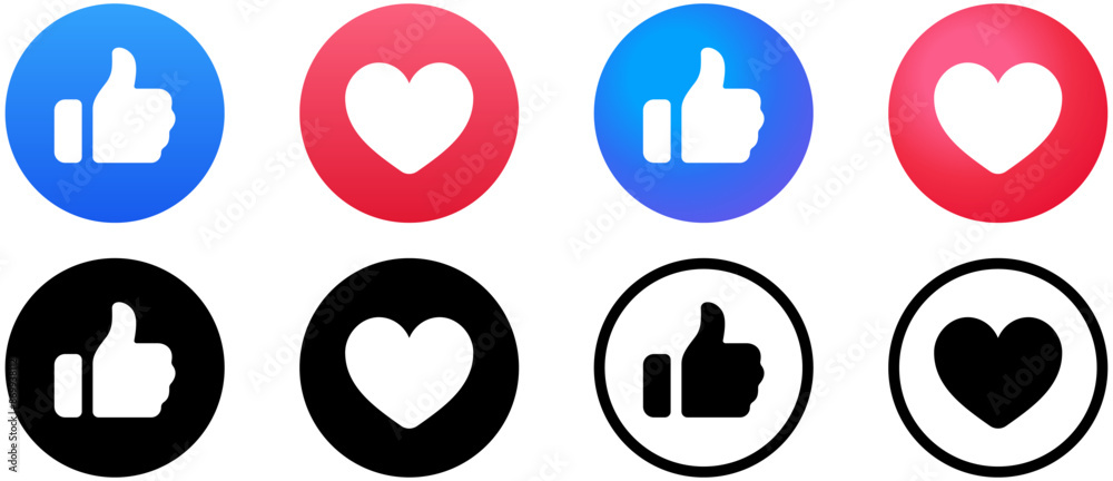 Facebook Like love icon button. Thumbs up and heart flat icon in modern ...