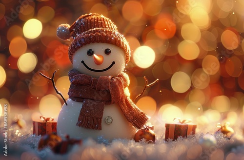 Smiling Snowman With Gifts In Winter Wonderland