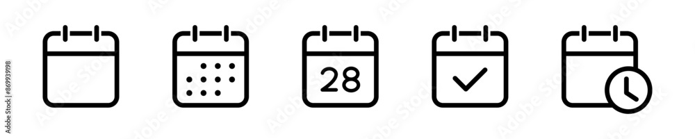Date calendar icon set. Appointment schedule vector icon symbol - Time management sign with time and clock icon - Meeting deadlines check mark icon Date calendar icon set. Appointment schedule vector icon symbol - Time management sign with time and clock icon - Meeting deadlines check mark icon