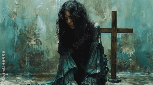 young woman kneels reverently in front of a cross, deep in prayer.