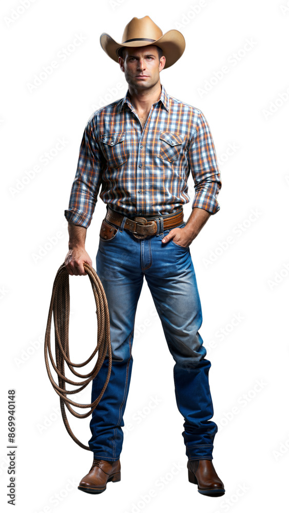 Full body picture of a male cowboy with a hat and rope on a transparent background