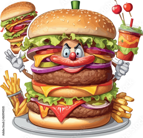 Funny Cartoon Buffoon with Burger Clipart for Digital and Print Projects