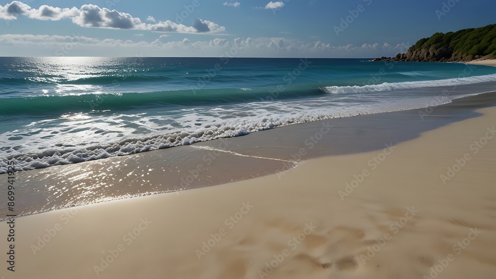Obraz premium Tranquil Beach Scene With Blue Ocean, White Sand, and Clear Skies, Perfect For Relaxation and Vacation