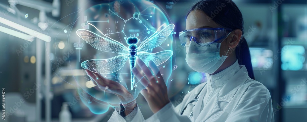 Scientist in laboratory studying a digital hologram of a dragonfly