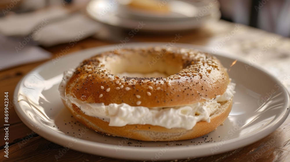 Freshly Toasted Everything Bagel With Cream Cheese on a White Plate Freshly Toasted Everything Bagel With Cream Cheese on a White Plate