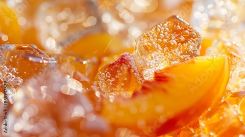 A close-up of ice cubes with pieces of peach and apricot floating in a glass of iced tea