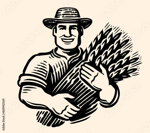 Farmer holding a sheaf of wheat. Agriculture vector illustration. Farm organic food emblem or logo
