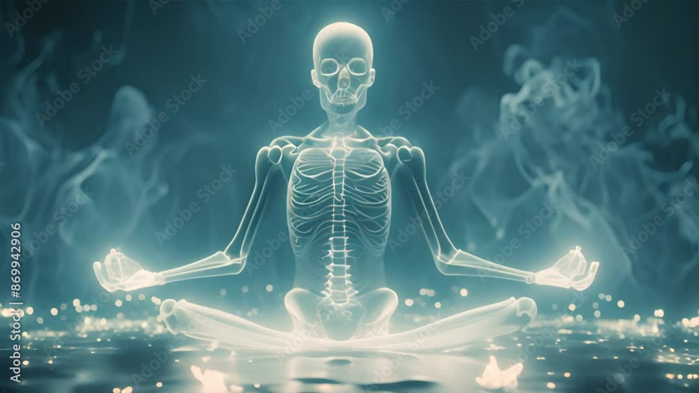 Detailed X-ray: skeleton in yoga pose, golden ratio, soft hues, 3D effect, advanced imaging, photorealistic, anatomical accuracy.generative ai