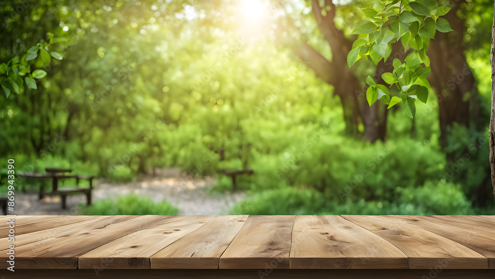 A wooden table with a view of a lush green forest A wooden table with a view of a lush green forest