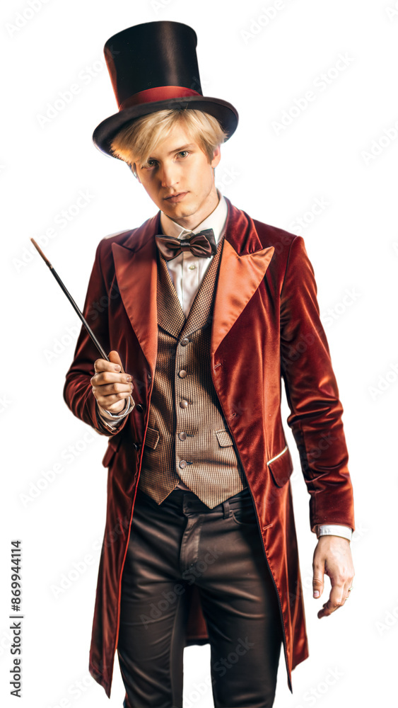 Full body portrait of young male magician in a top hat and velvet suit with wand on transparent background